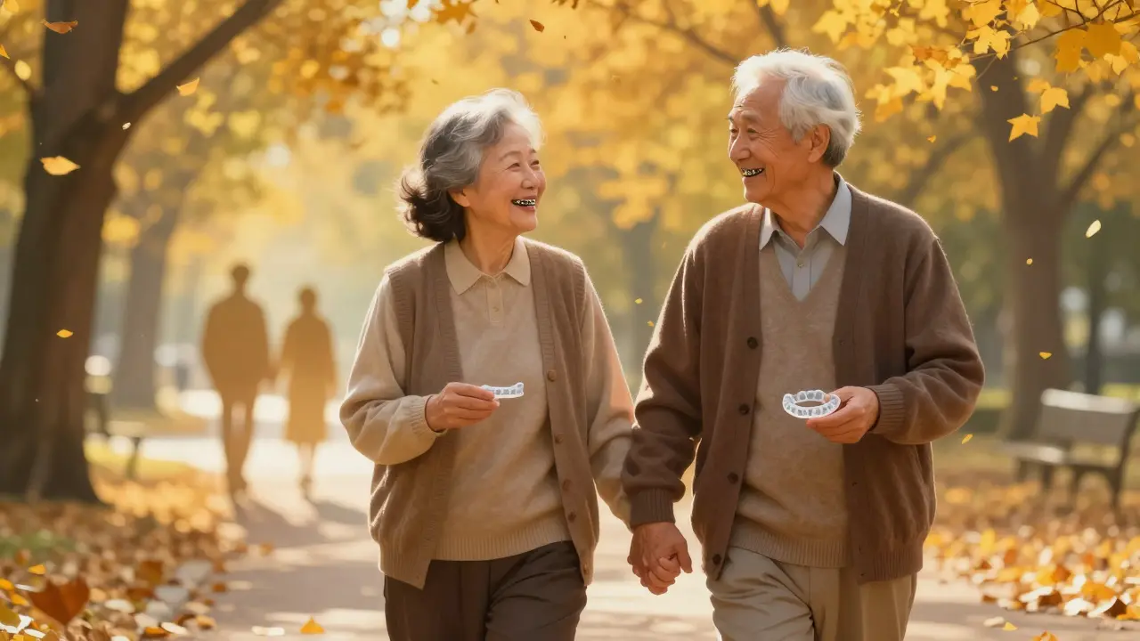 Starší pár se drží za ruce a směje se při procházce v parku, oba nosí keramická rovnátka, listí padá kolem nich.