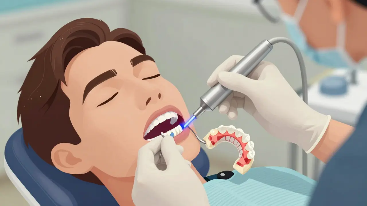 Stomatolog aplikuje keramickou fazetu pomocí léčebného světla, na pozadí noční štítka.