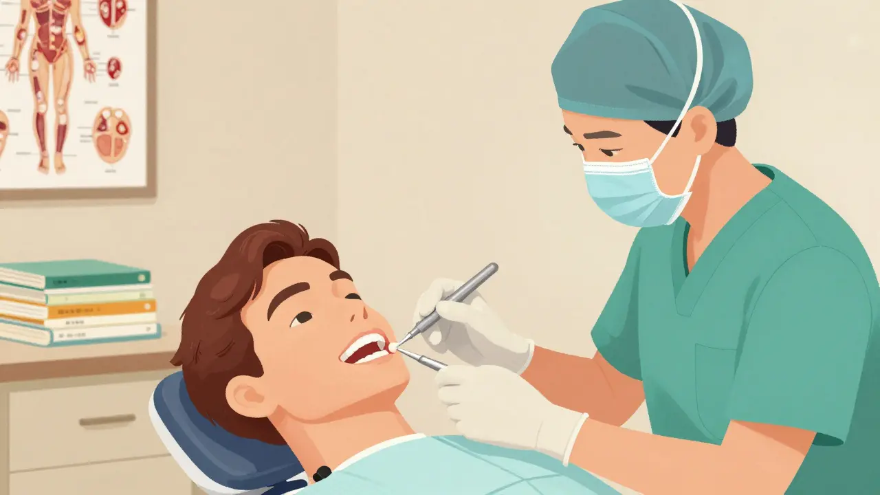 Studentka dentální hygieny měří hloubku zubních kapslí pod dohledem zkušené hygienistky.