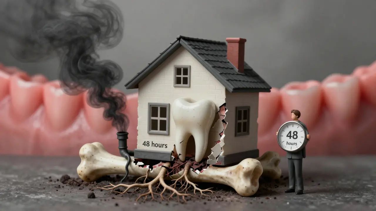 Symbolický obraz mrtvého zubu jako zříceného domu s infekcí proudící do čelisti.