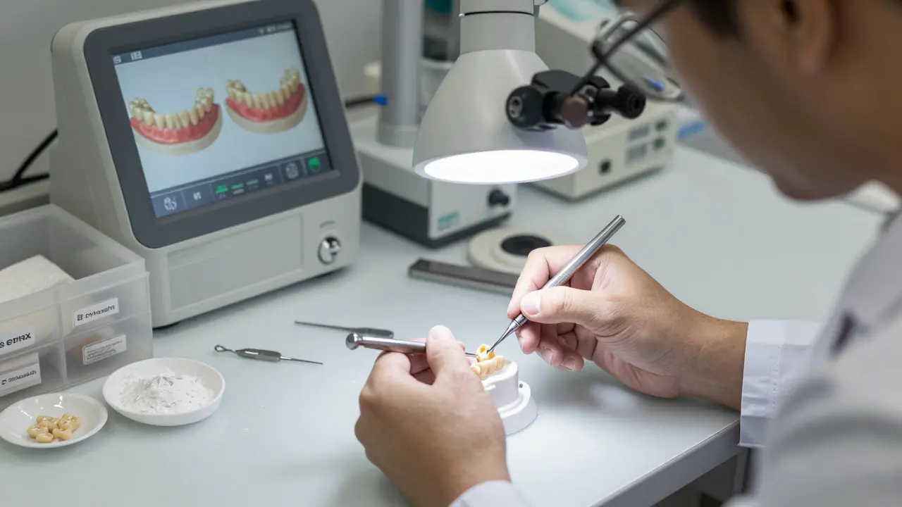 Technik v zubní laboratoři políruje zirkoniovou korunku pod lůžkem s magnifikací.