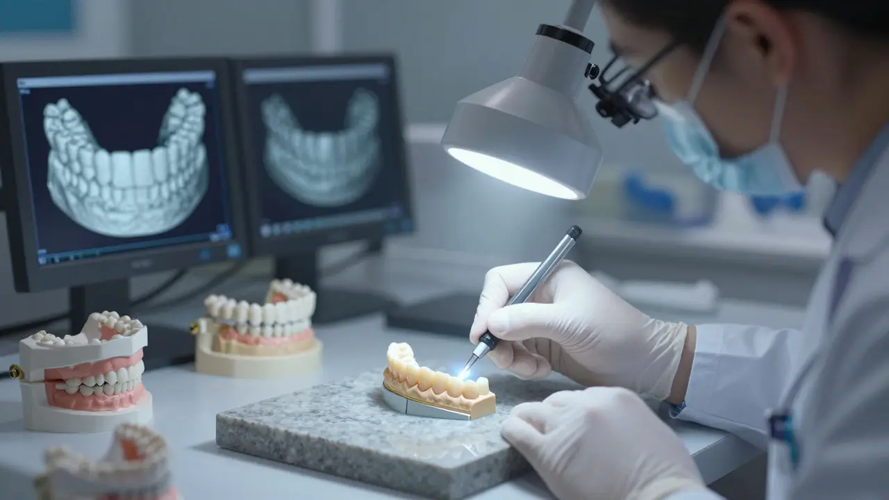 Technik v zubní laboratoři vyrábí keramický zubní mostek s přesnými detaily.