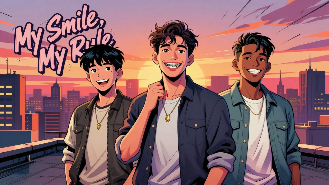Three diverse young people posing proudly with intentional tooth gaps in a stylized urban scene.