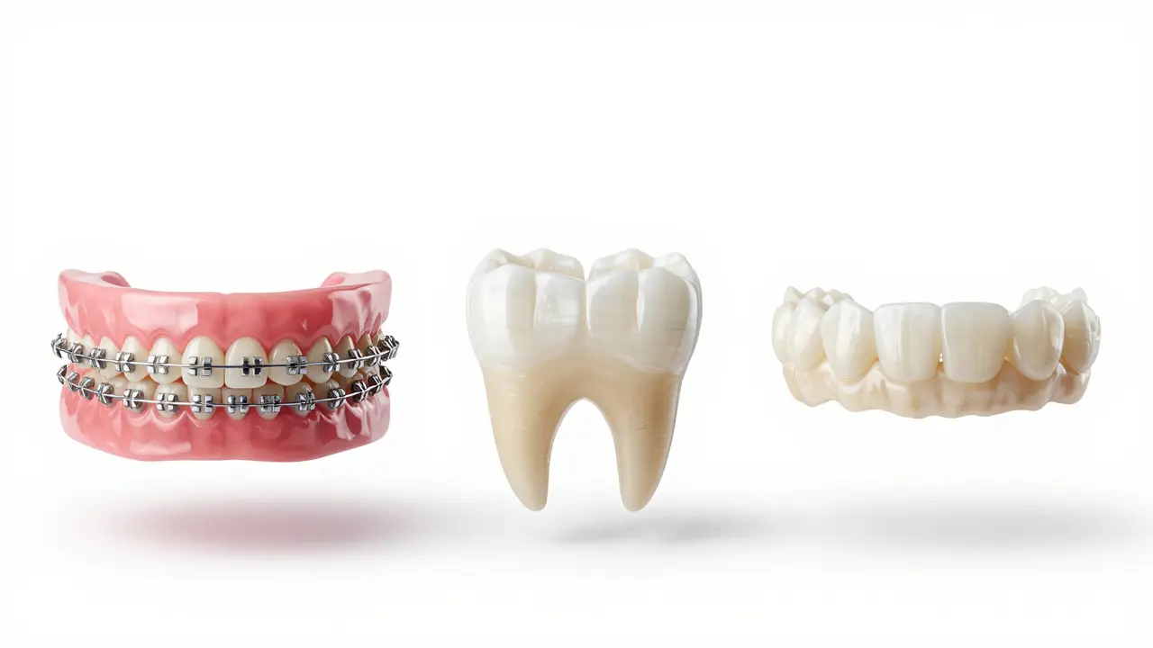 Tři metody léčby mezery mezi zuby: dráty, plomba a keramické vložky.