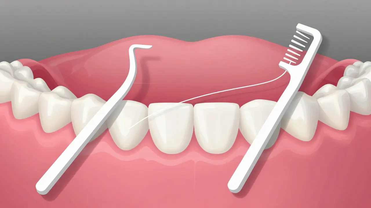 Tři typy mezizubních kartáčků v lehkém prostředí s dásněmi a plakem.