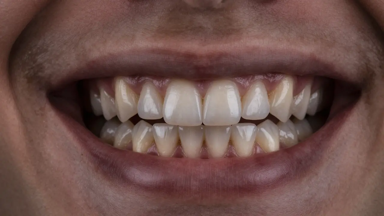 Úsměv s perfektní e-max korunkou vedle stínu ztraceného zubu a posunutých zubů.