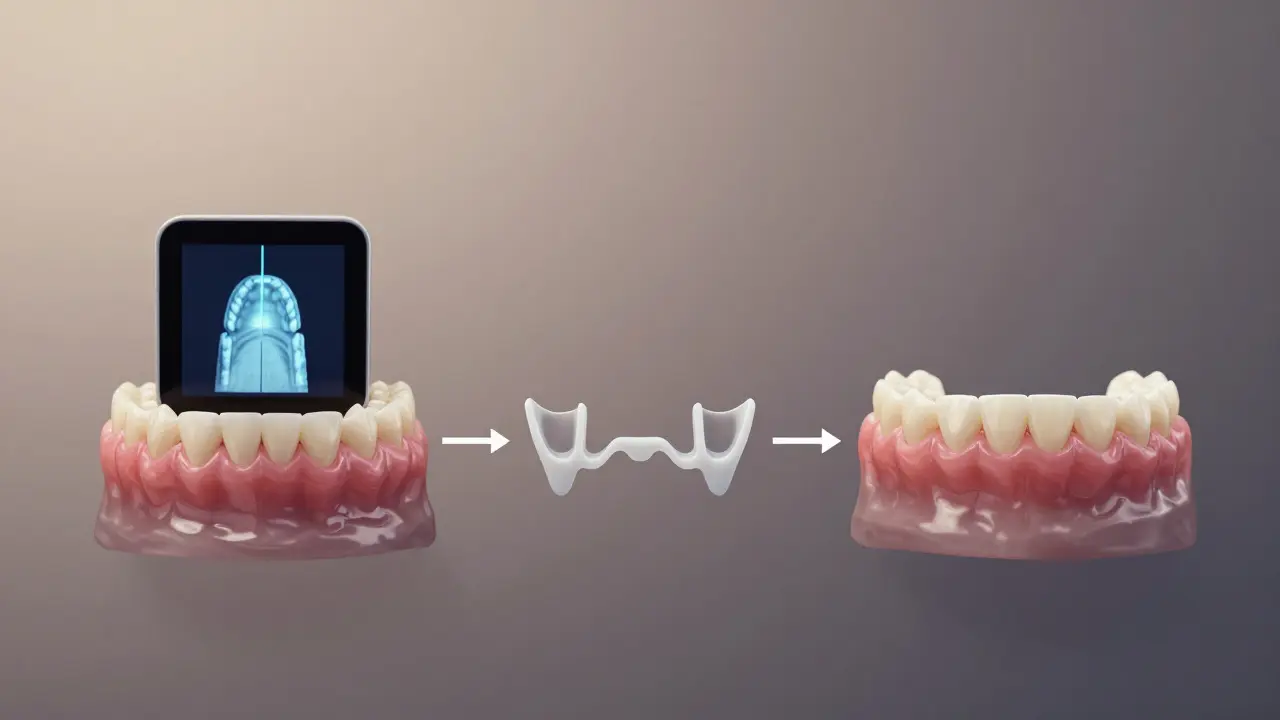 Vizuální časová osa procesu výroby zubního mostku od přípravy až po instalaci.