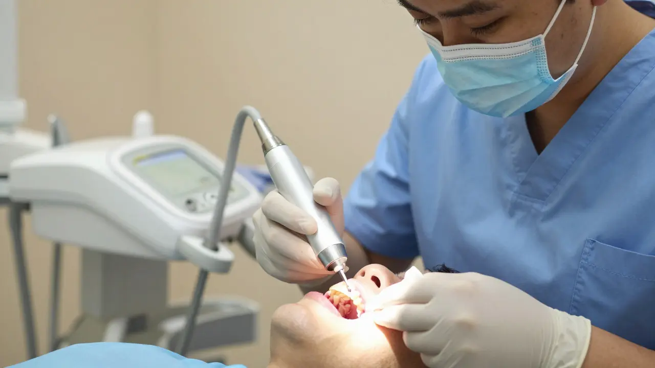 Zubní hygienička odstraňuje kámen pod dásní ultrazvukovým nástrojem.