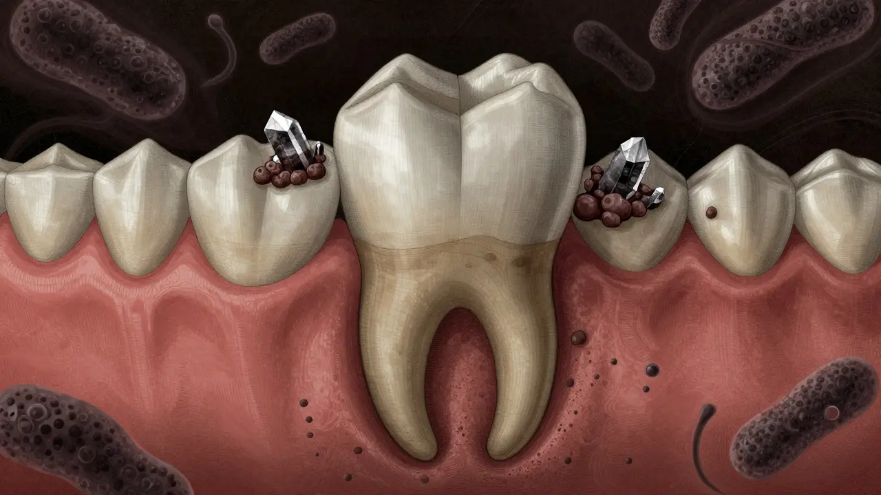 Zubní kořen pokrytý tvrdým kamenem a bakteriemi pod dásní.