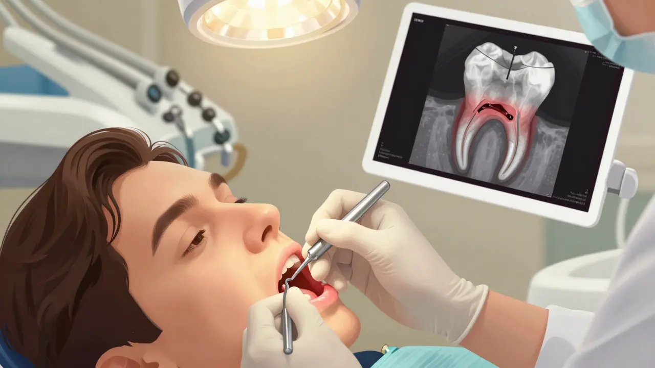 Zubní lékař provádí léčbu kořenových kanálků, viditelné nástroje v zubu s rentgenem vedle.