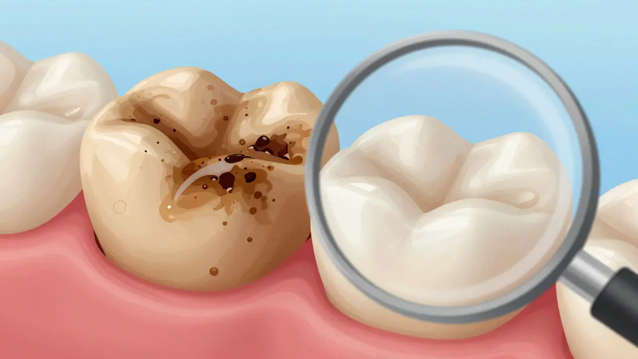 Zvětšený pohled na zubní sklovinu s odstraněnými tmavými skvrnami po kávě a kouření.
