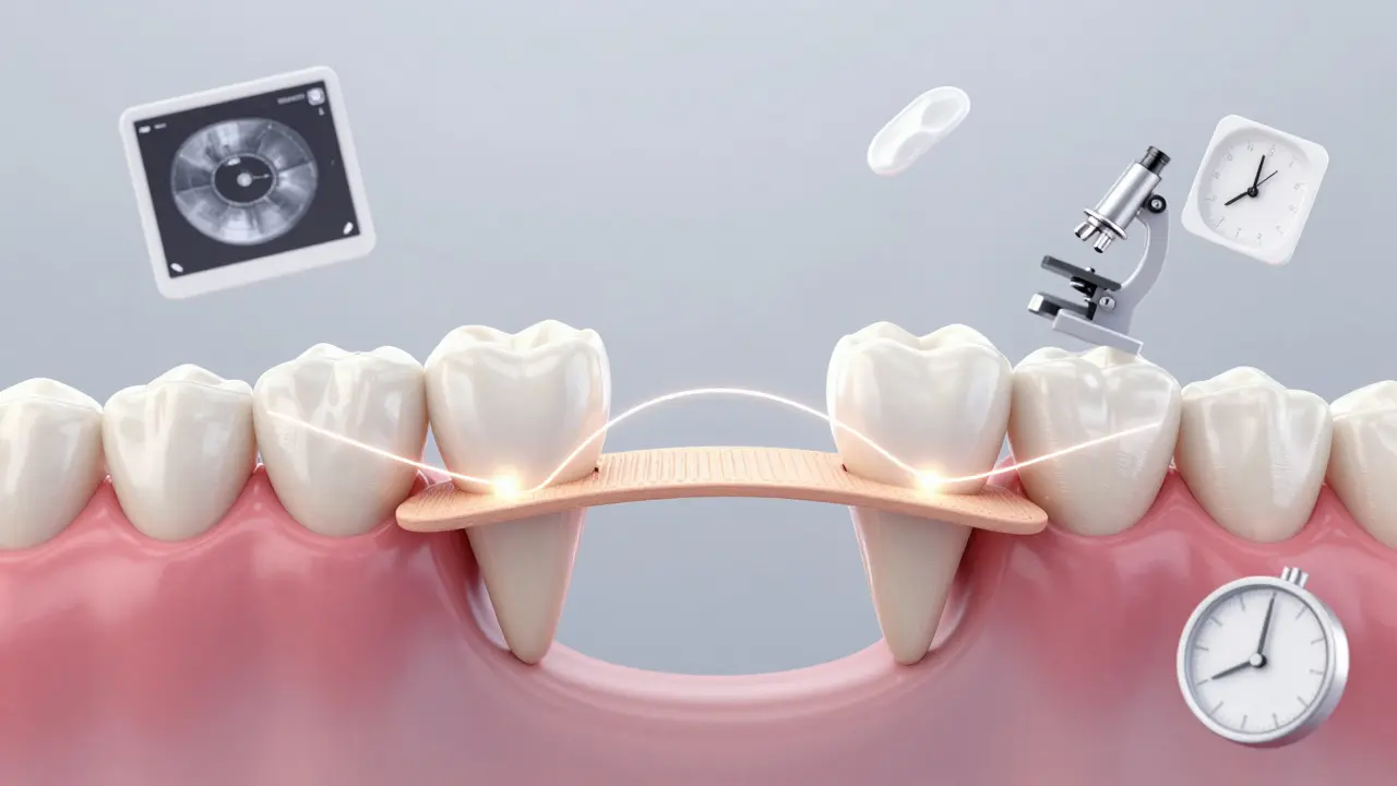 Artistic representation of an adhesive bridge as an invisible connection between teeth with symbolic cost elements.