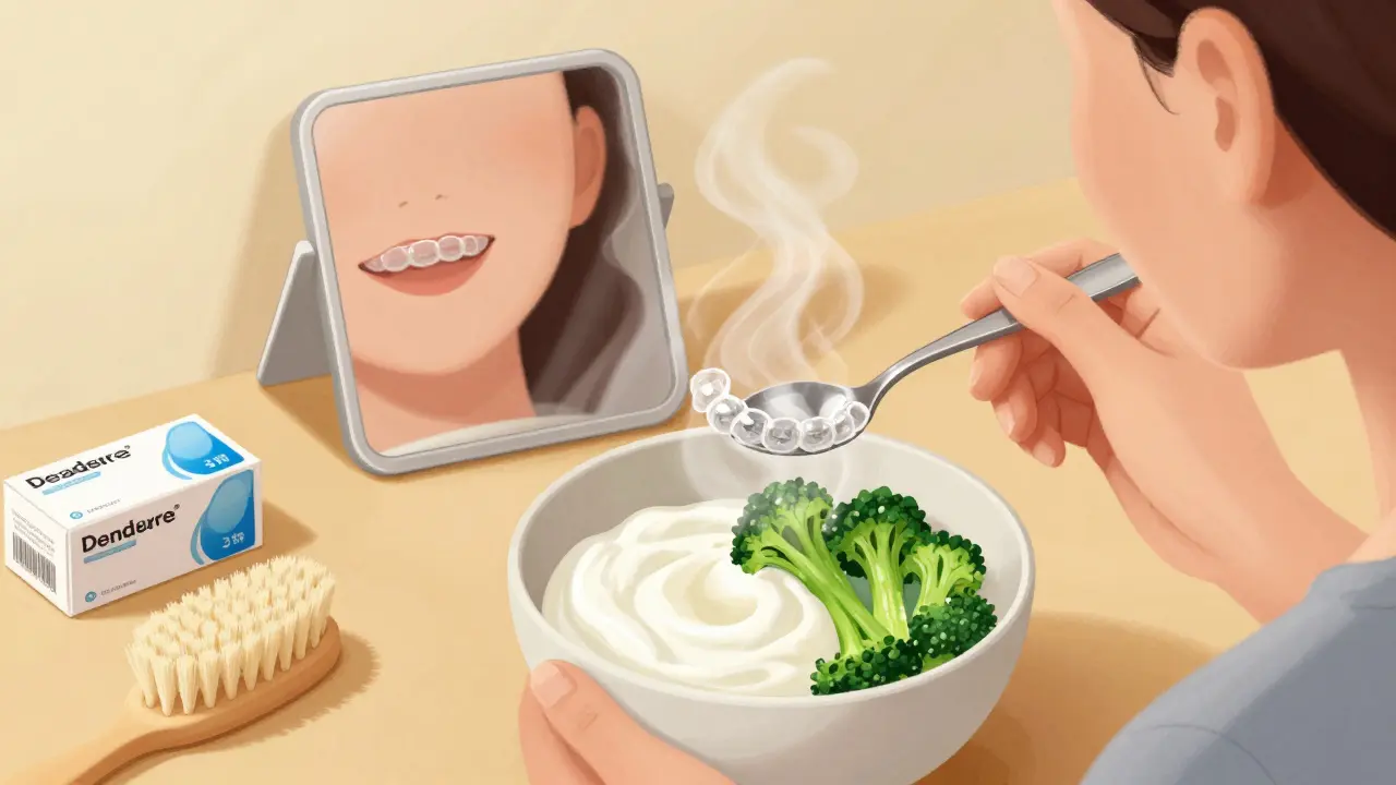 Člověk jí měkké jídlo s rovnátky, klidně a bez bolesti, v teplém osvětlení.