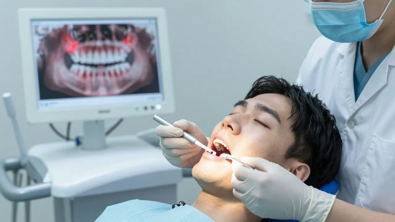 Dentální hygienistka aplikuje fluoridový gel na zuby klidného pacienta, který klidně dýchá.