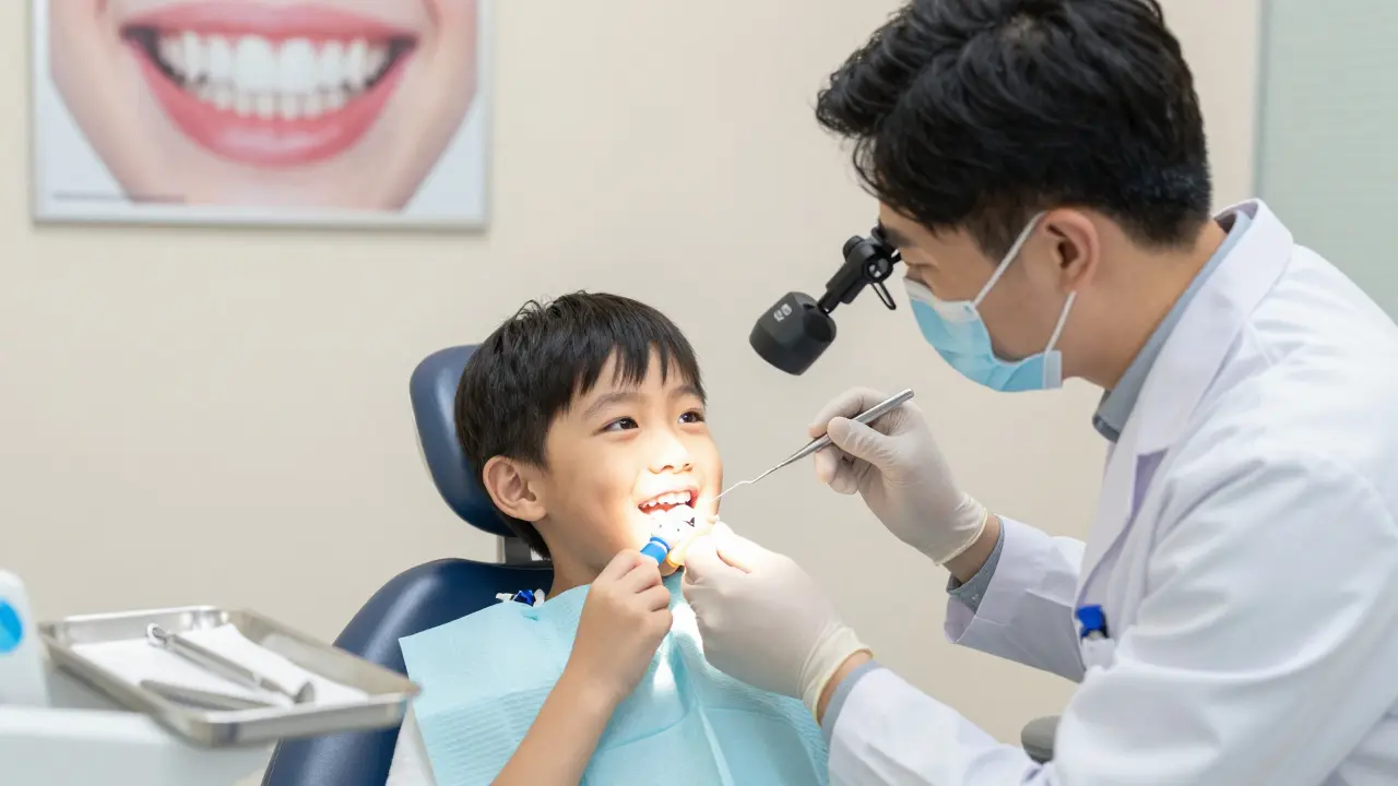 Dětský zubní lékař vyšetřuje zuby dítěte s magnifikační lampou.