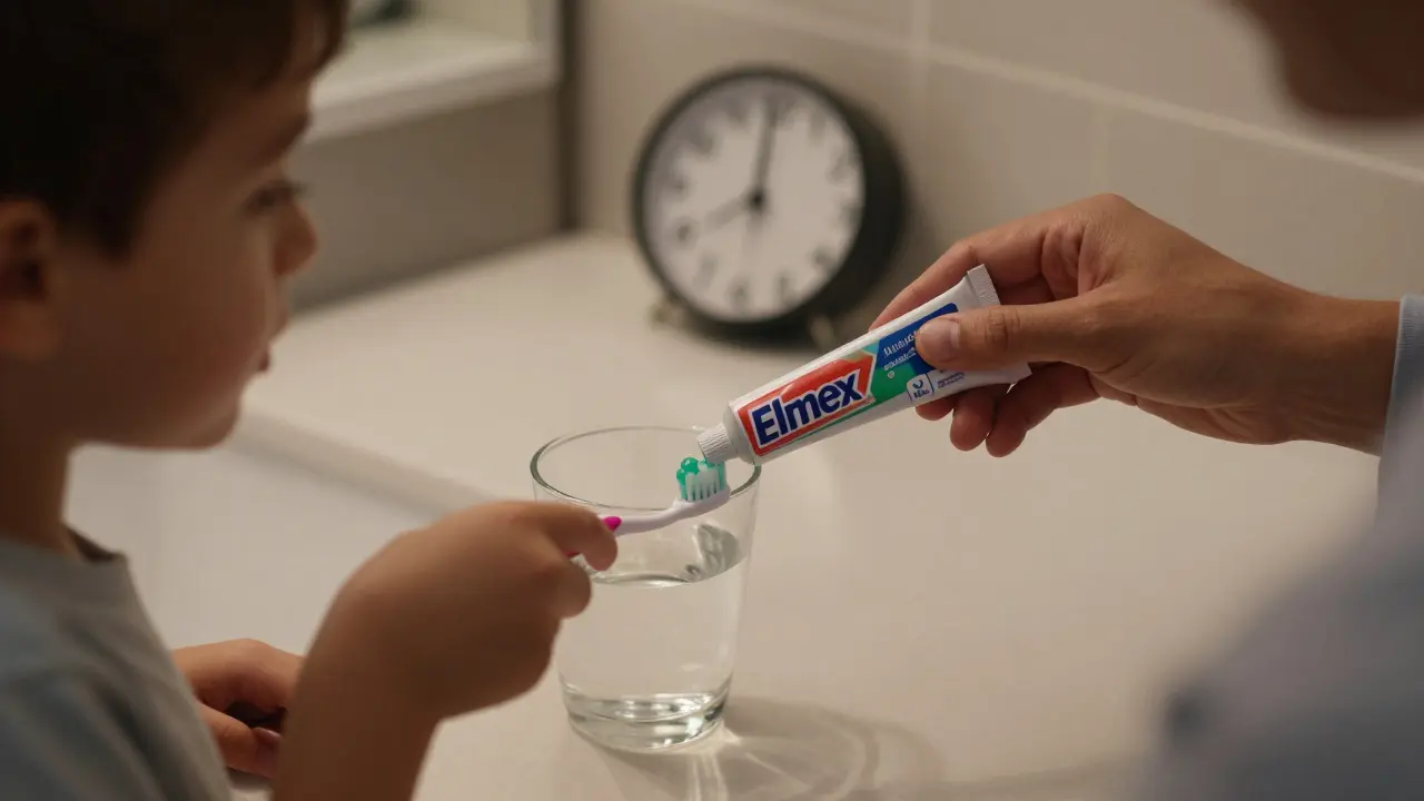 Dítě čistí zuby večer s malým množstvím Elmex gelu, rodič dohlíží na aplikaci.