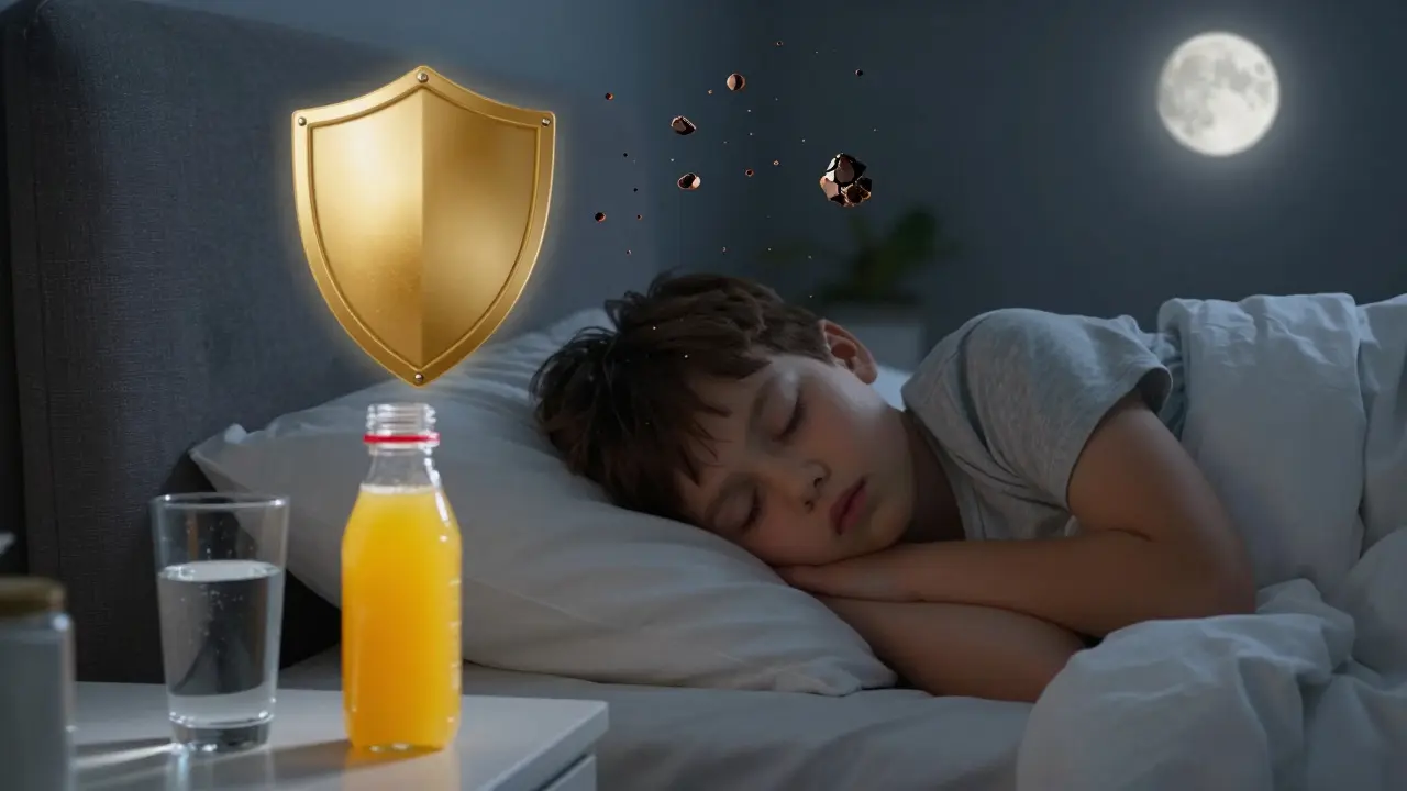 Dítě spí s vodou místo džusu, zlatá ochranná vrstva nad hlavou.