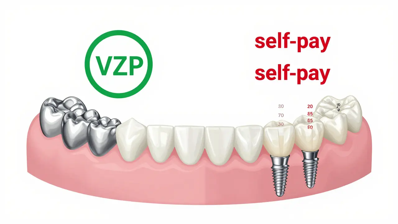 Dvě části zubního oblouku: levá s funkčními kovovými korunkami a hrazenými protézami, pravá s drahými keramickými řešeními a popiskem 'doplatit'.