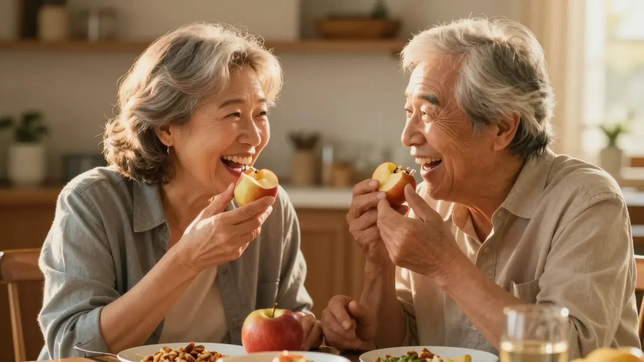 Dvojice starších lidí se směje při jídle, mají zubní implantáty a nejsou omezeni.