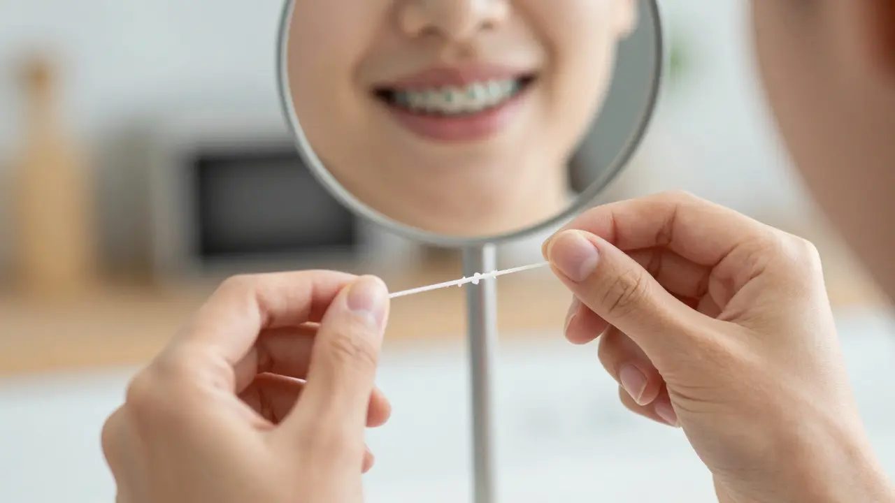 Hands using dental floss to clean braces, with a reflection of a healthy smile in the mirror.