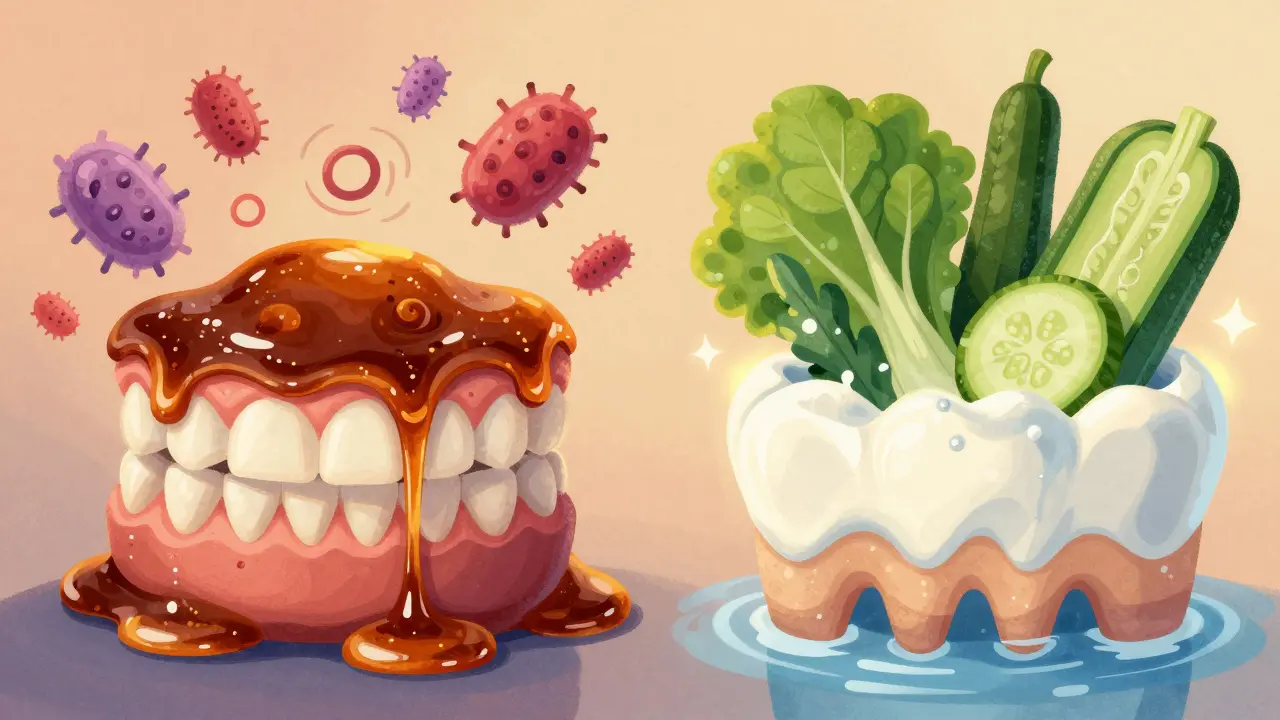 Kontrast mezi škodlivými a prospěšnými potravinami pro zuby dítěte.