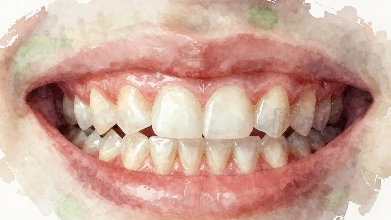 Kresba zubů s mezera mezi řezáky, vodové barvy a jemné kontury bráčků a korunek.
