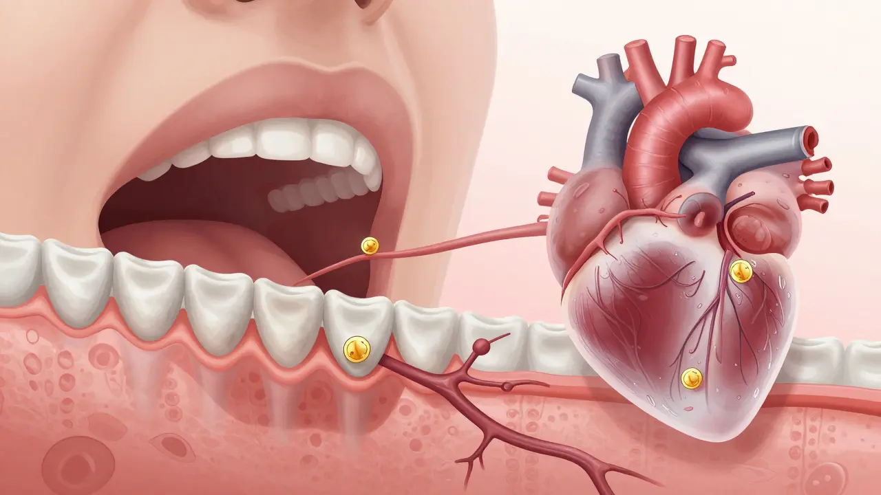 Křížový řez ústní dutiny ukazující plak, kámen a šíření bakterií do krevního oběhu.