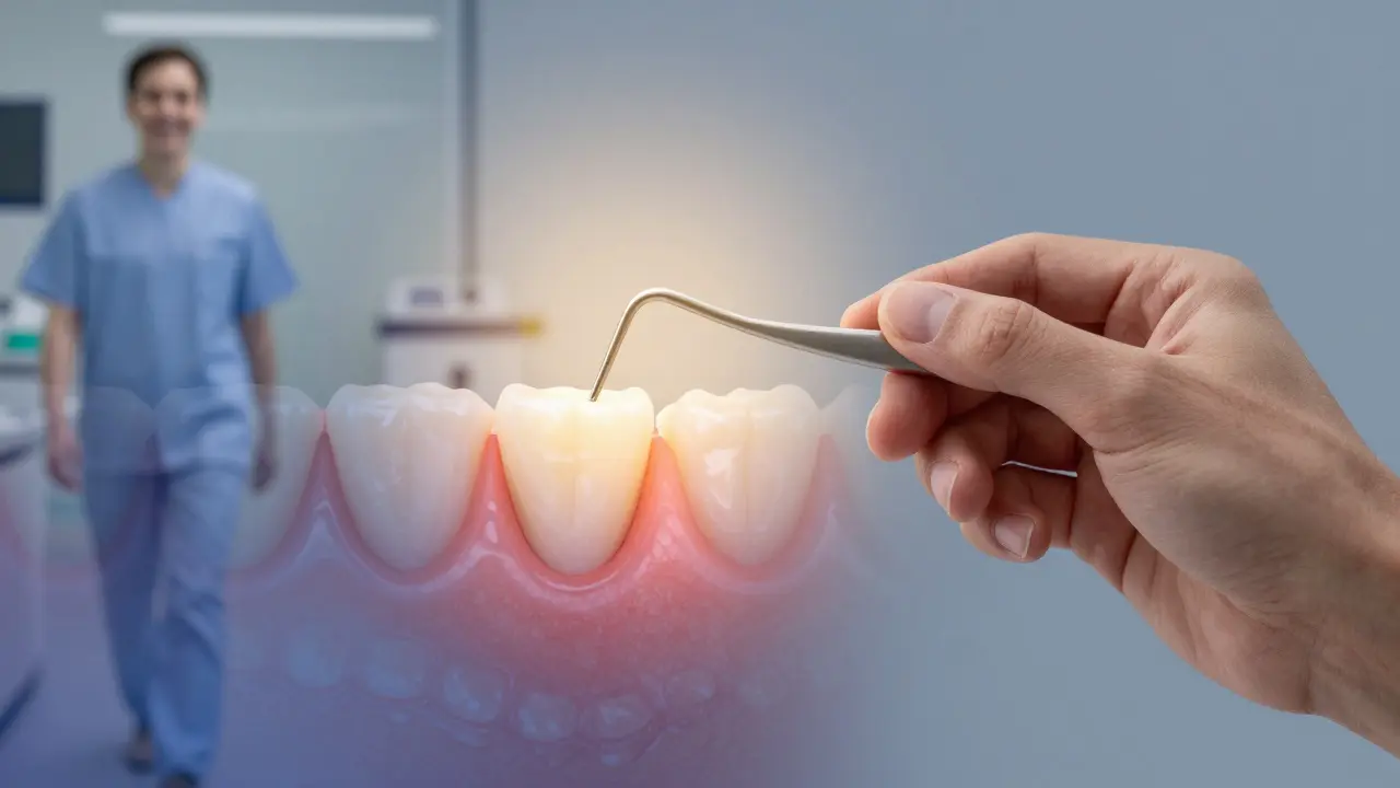 Měření hloubky zubního vřídku jako indikátoru zdraví dásní a prevence paradontózy.