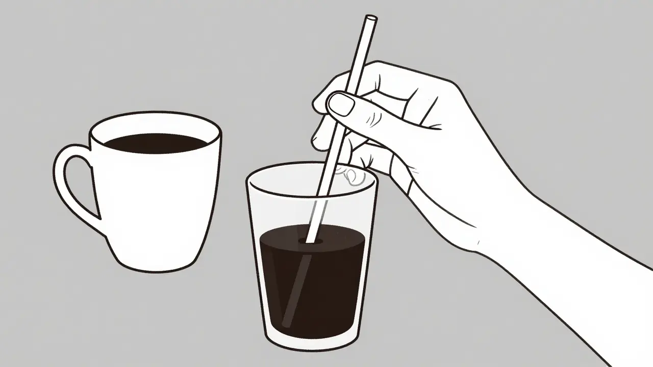 Osoba pije vodu přes slámku, káva je na pozadí.