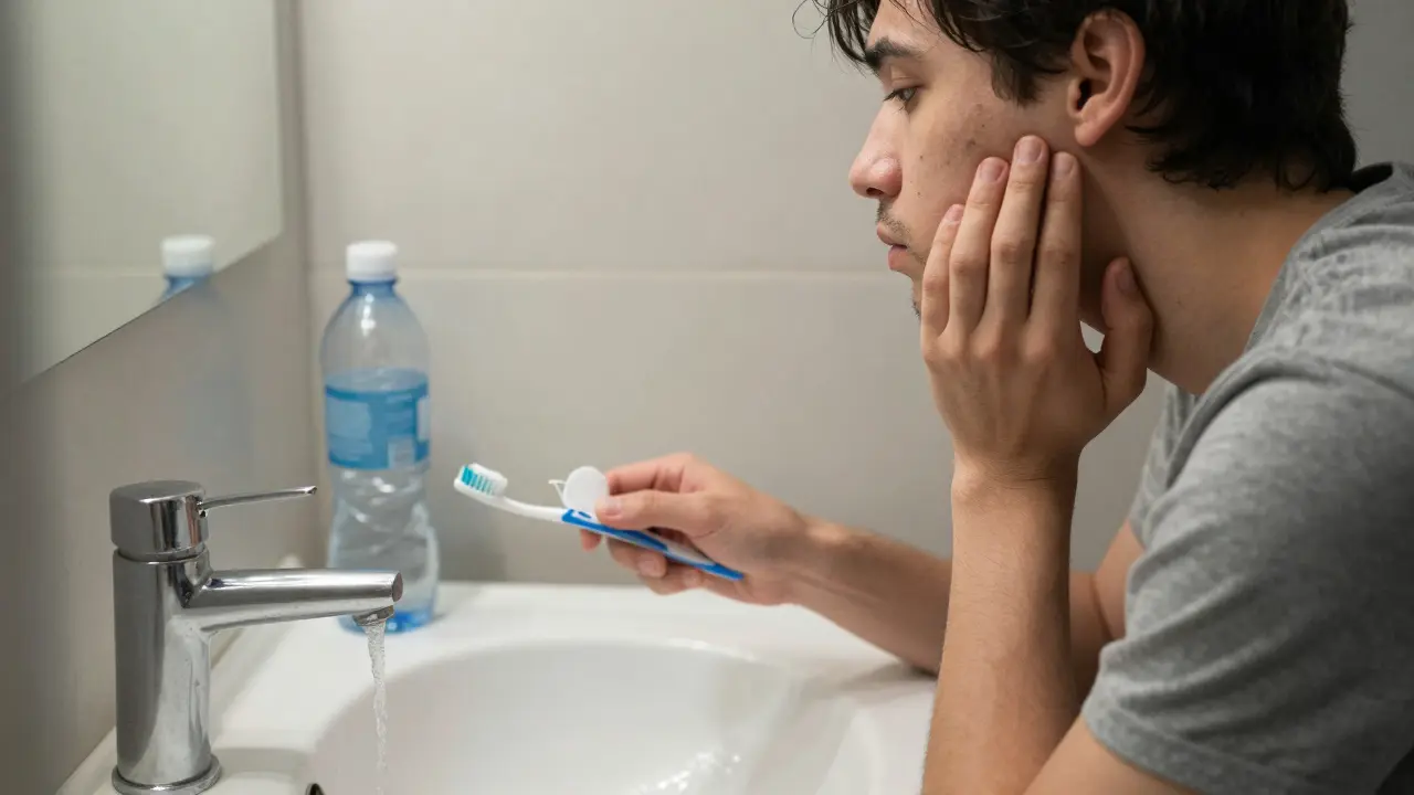 Osoba v koupelně při pohledu do zrcadla, s černým zubním kamenem a tichým pocitem vyčerpání.