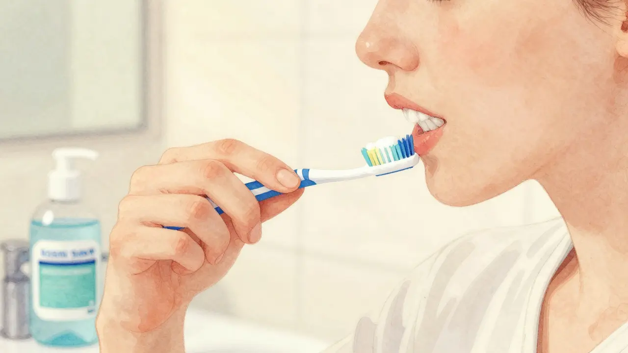 Pacient čistí zuby měkkým kartáčkem po kyretáži.