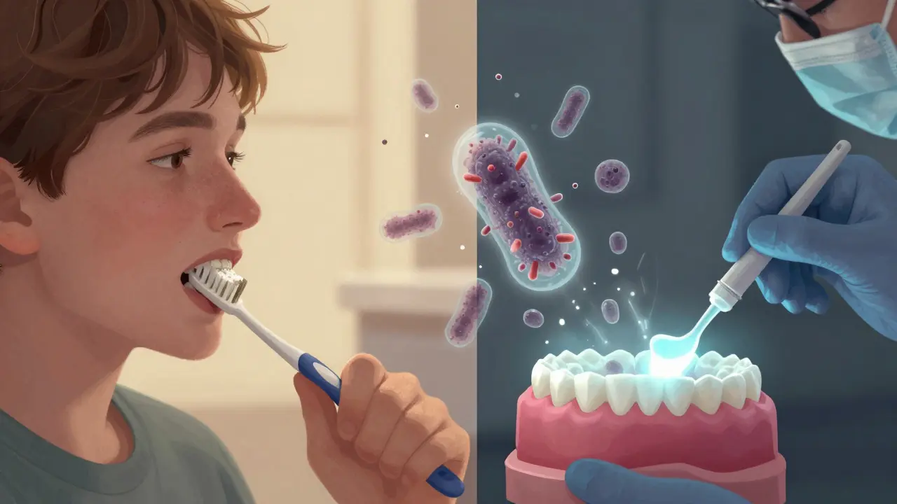 Porovnání domácího čištění a profesionální fluoridace zubů – prevence proti kazu a zánětu.