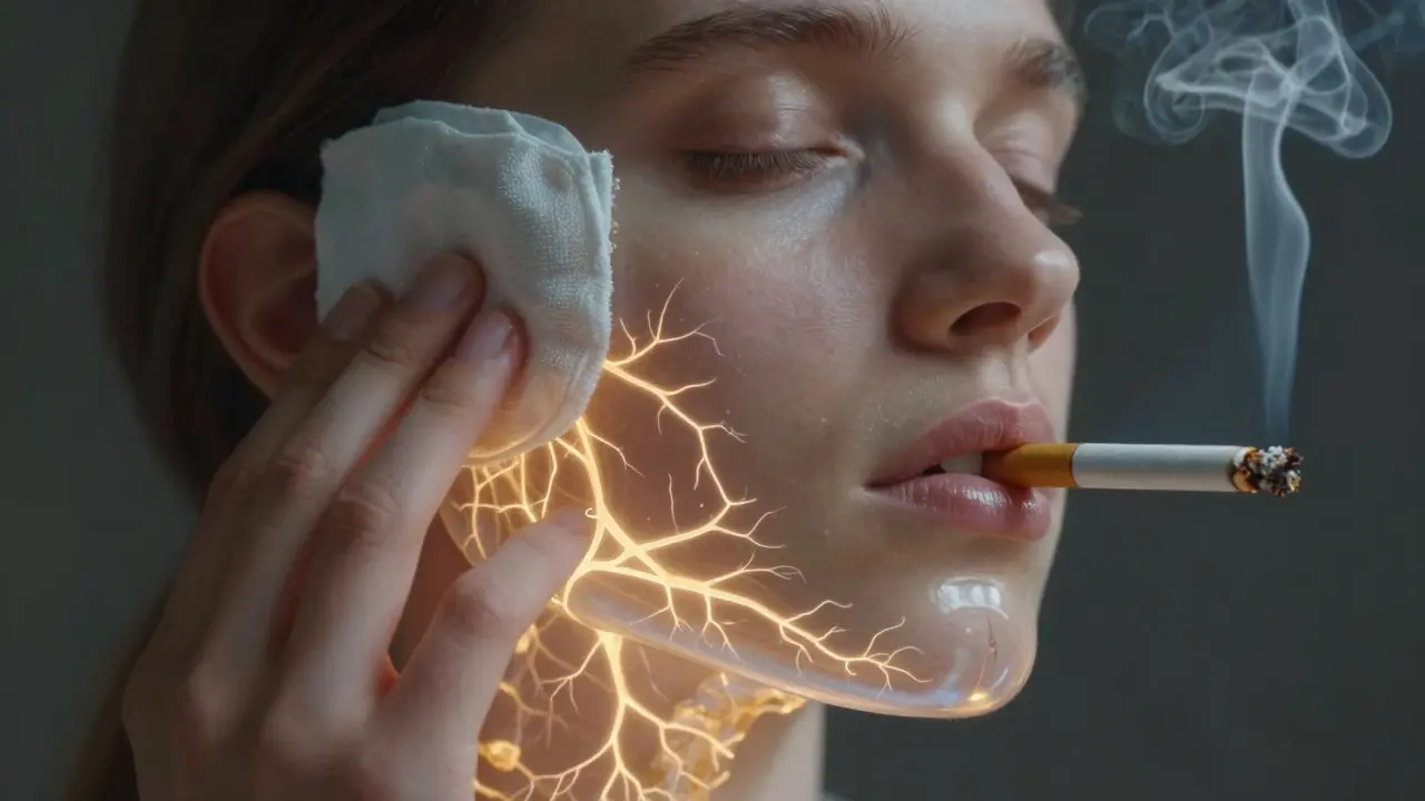 Průhledná čelist s regenerující kostí a teplou kompresí na tváři, symbolizující hojení