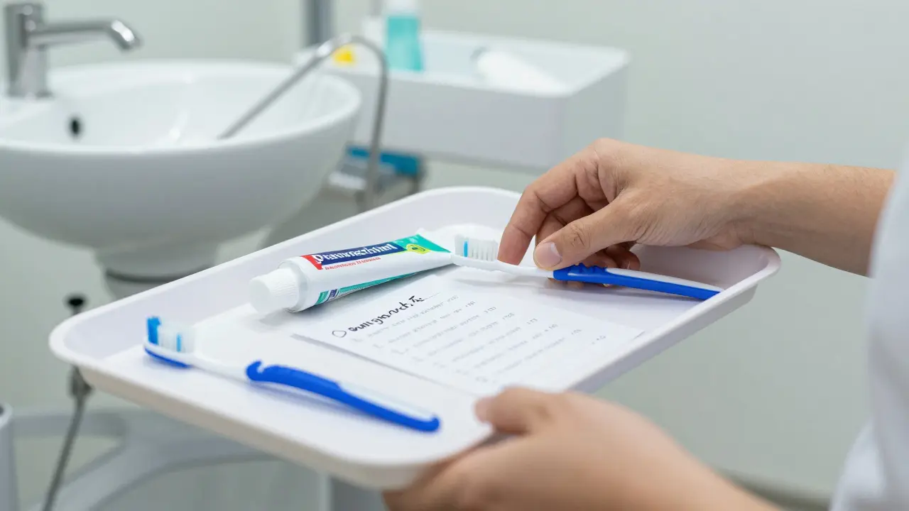 Ruce pacienta ukládají na podnos zubní kartáček, pastu, mezizubní kartáčky a seznam příznaků citlivosti.