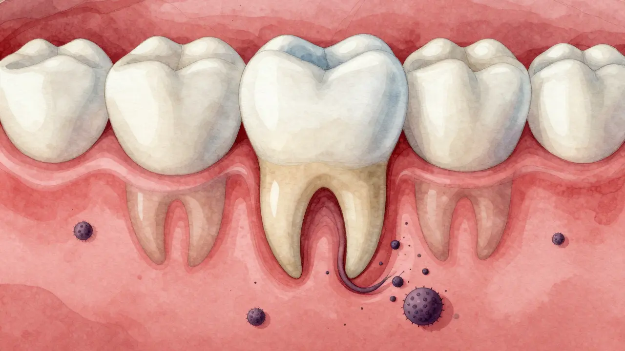 Skrytý mezizubní kaz pod dásní, znázorněný jako temná škvíra v zubní tkáni