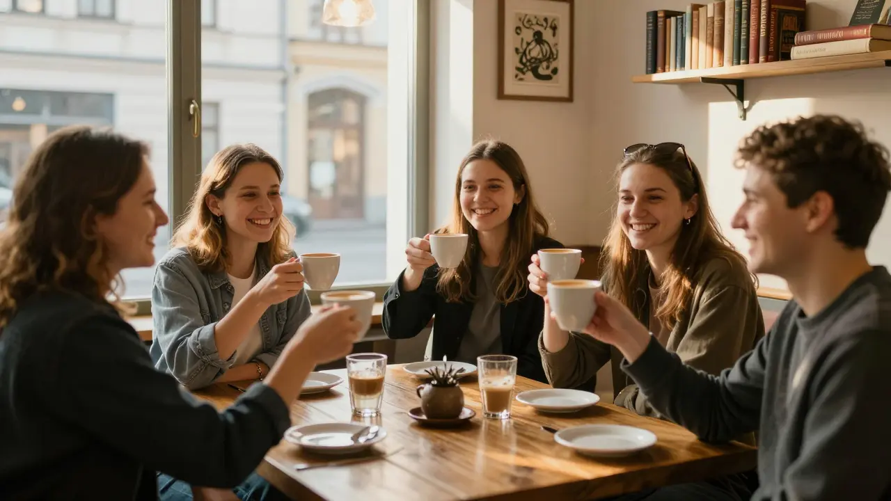 Skupina mladých lidí v kavárně se směje, všichni mají viditelnou mezera mezi zuby.