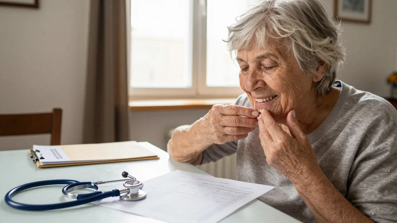 Stará žena se usmívá, rukou se dotýká dolní protézy, na stole leží odhad nákladů a složka s názvem 'Zdravé ústa'.
