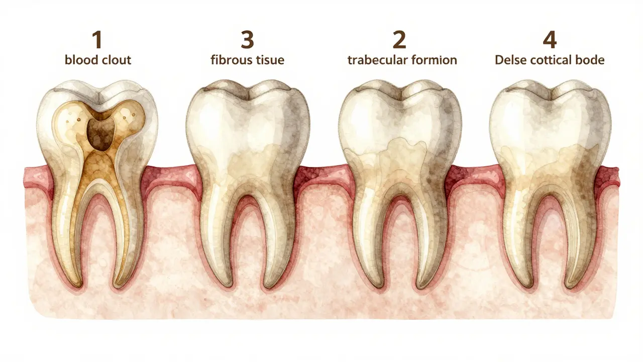 Vizuální časová osa hojení kosti po vytržení zubu ve čtyřech fázích