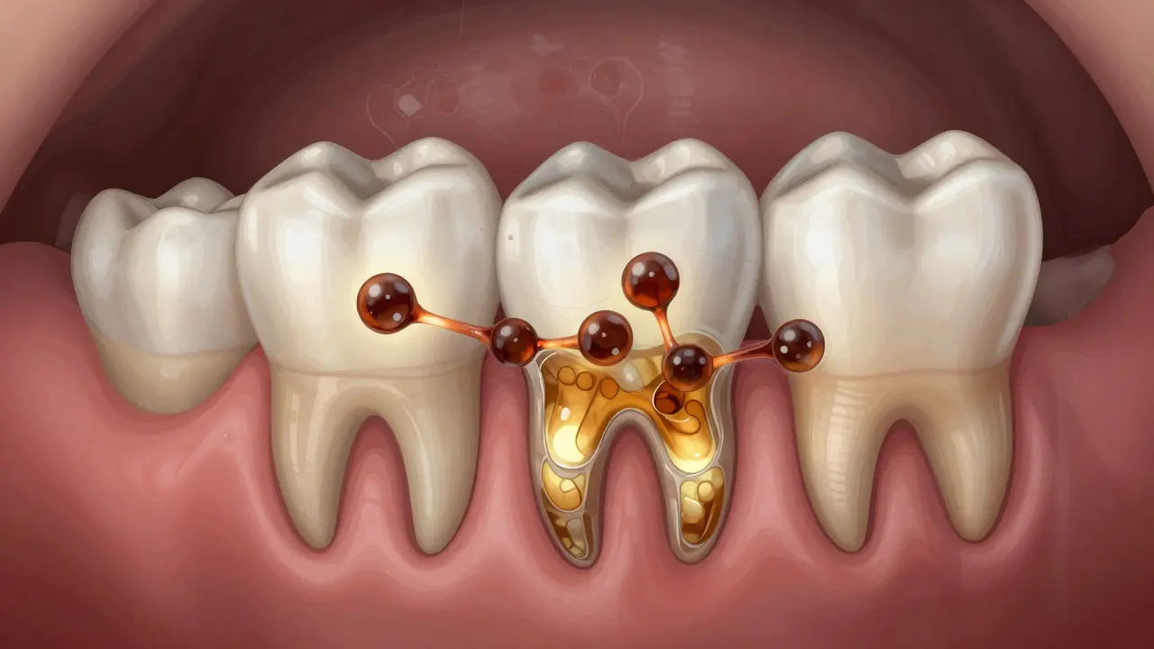Vývoj trvalého zubu s molekulami tetracyklinu vázanými na vápník ve sklovině.