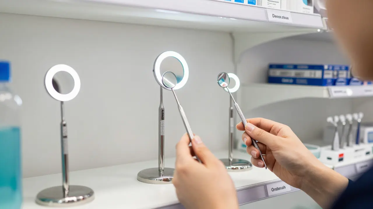 Zákazník v lékárně porovnává tři typy dentálních zrcátek s různými funkcemi na polici.