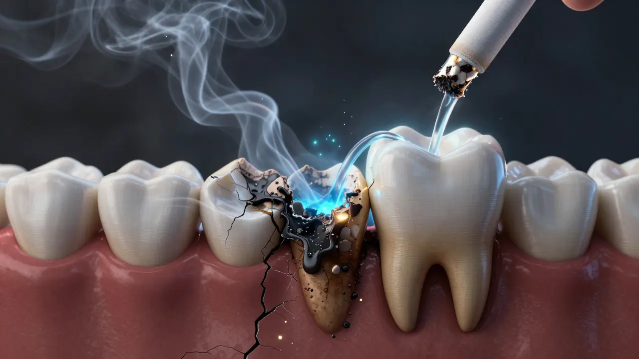 Zub jako krajina s nečistotami od cigaret, které se odstraňují minerály.
