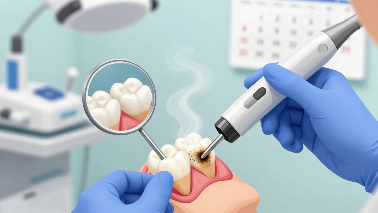 Zubní hygienistka čistí zuby ultrazvukem a sodným bikarbonátem.