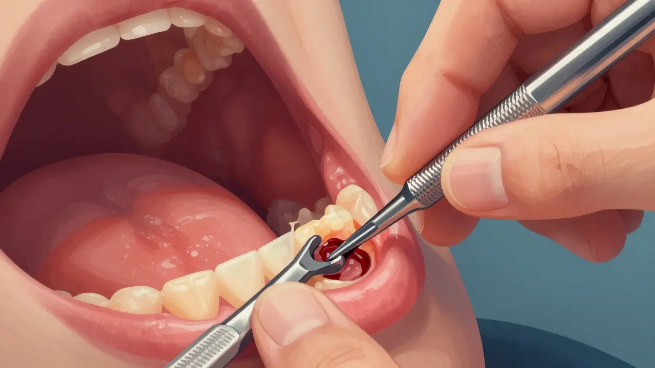 Zubní lékař odstraňuje zubní kámen a infikovanou tkáň pod dásněmi.