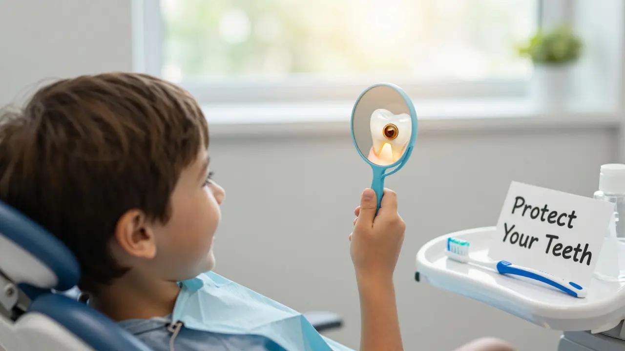 Child smiling in dental chair, holding mirror to show a tooth with glass ionomer filling and fluoride toothpaste nearby.