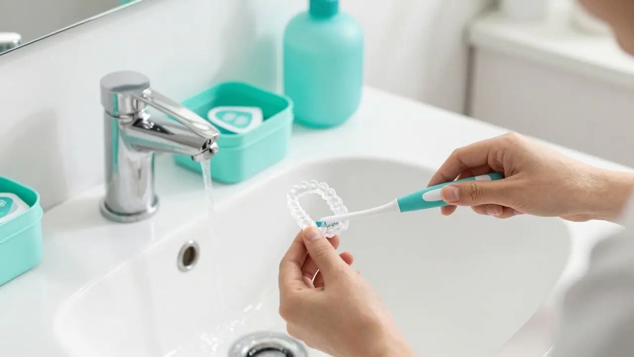 Čištění dentálních rovnátek u dřezu v koupelně