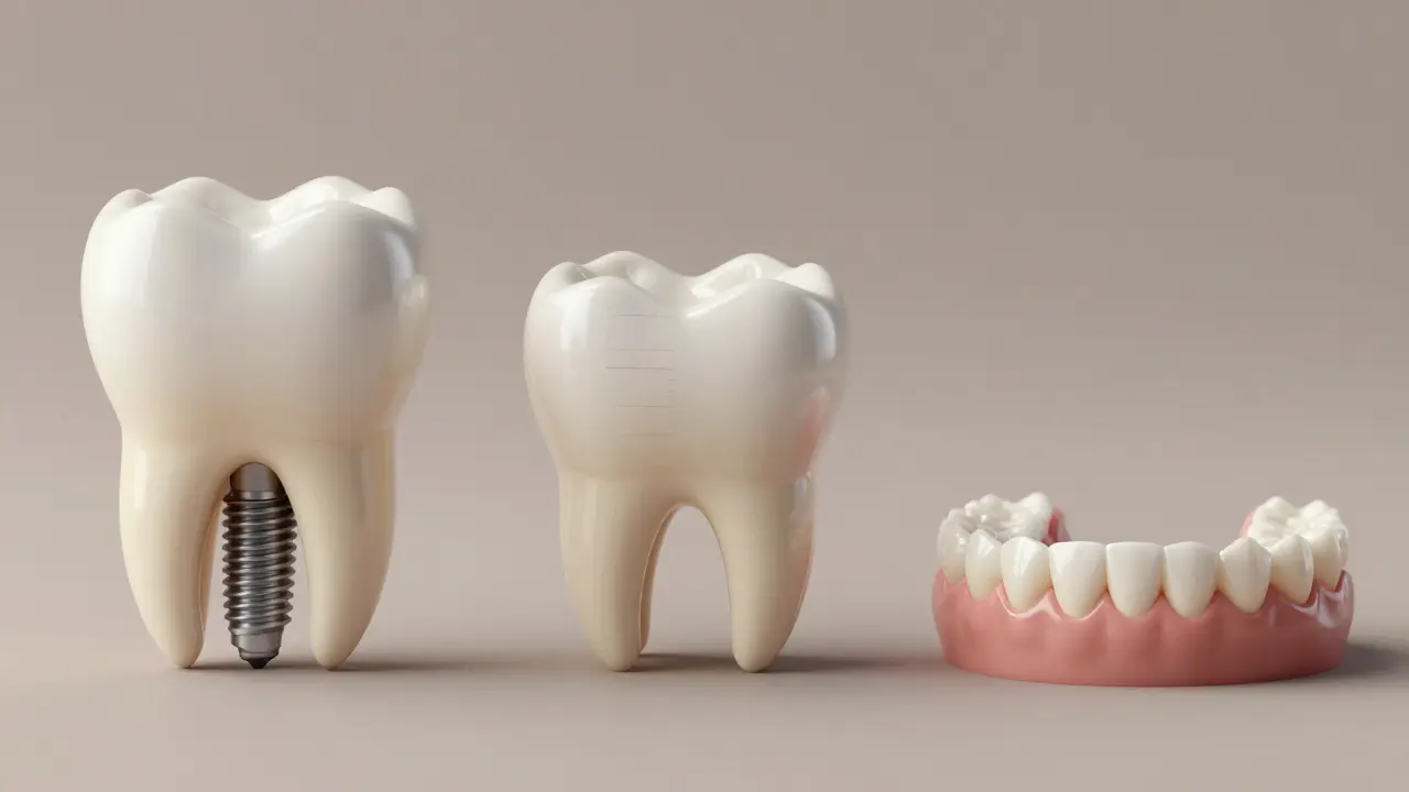 Comparison of dental replacements: implant, bridge, and denture — highlighting bone preservation with implant.