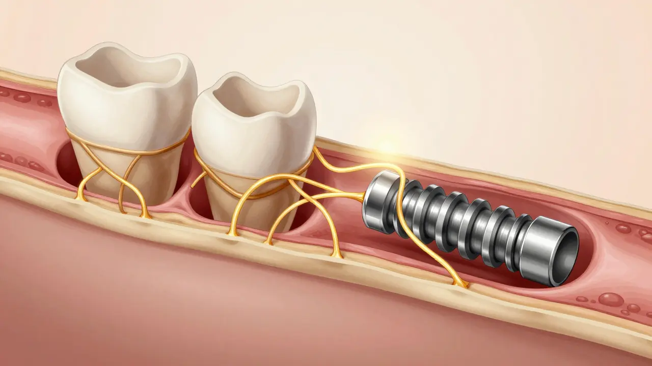 Cross-section of jawbone showing titanium implant fusing with new bone tissue through osteointegration.