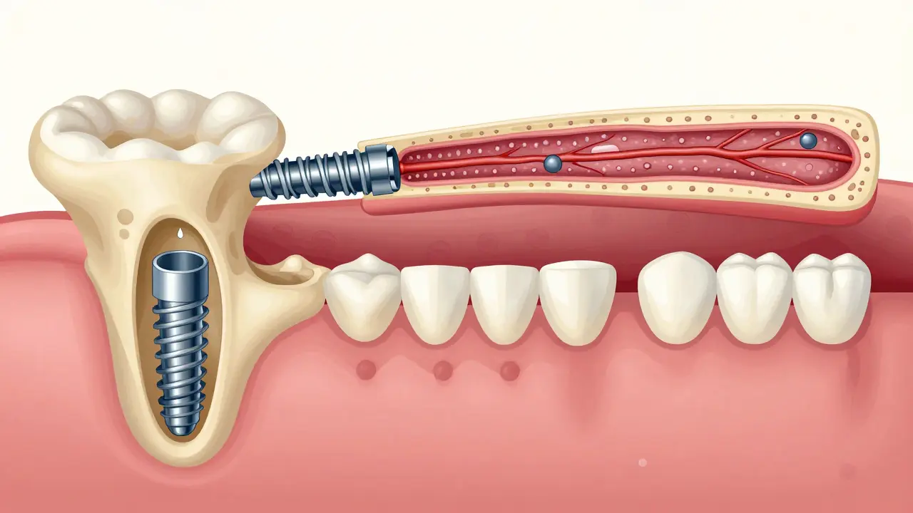 Cross-sectional view of a jawbone with a dental implant undergoing osteointegration over time.