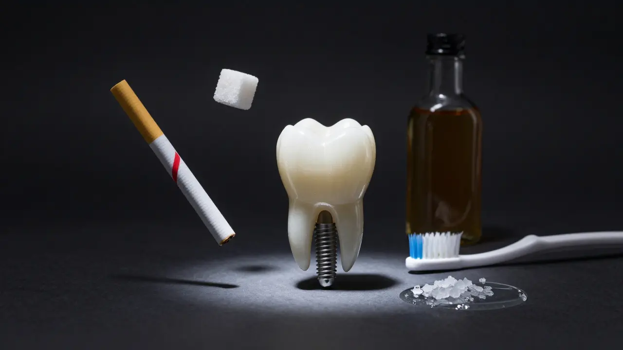 Dental implant surrounded by symbols of risks like smoking, sugar, and alcohol, with a toothbrush and saltwater rinse.