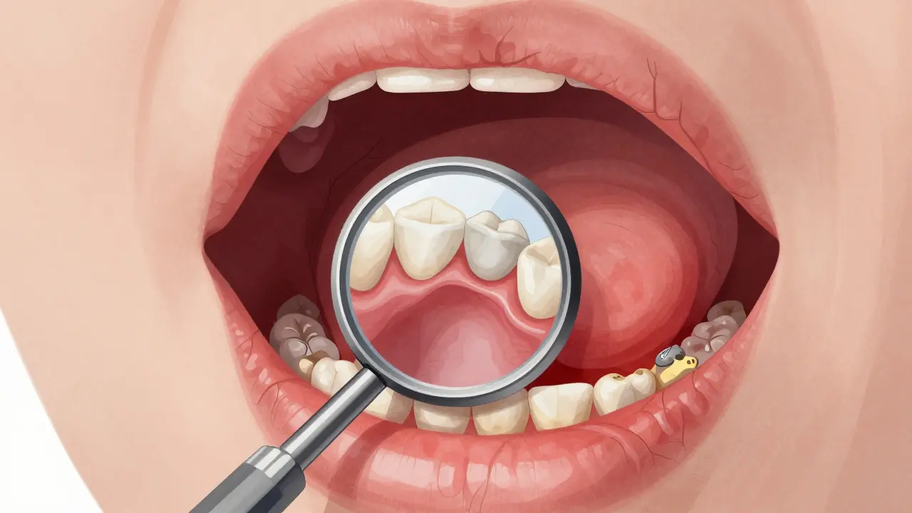 Detailní ilustrace zdravých a zánětlivých dásní viděných přes dentální zrcátko.